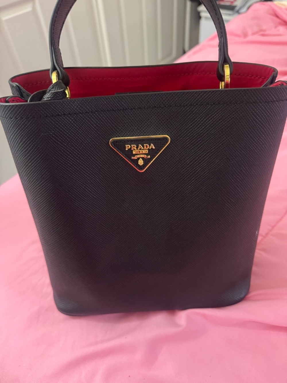 Prada Black Saffiano Tote with Red Interior and Gold Hardware